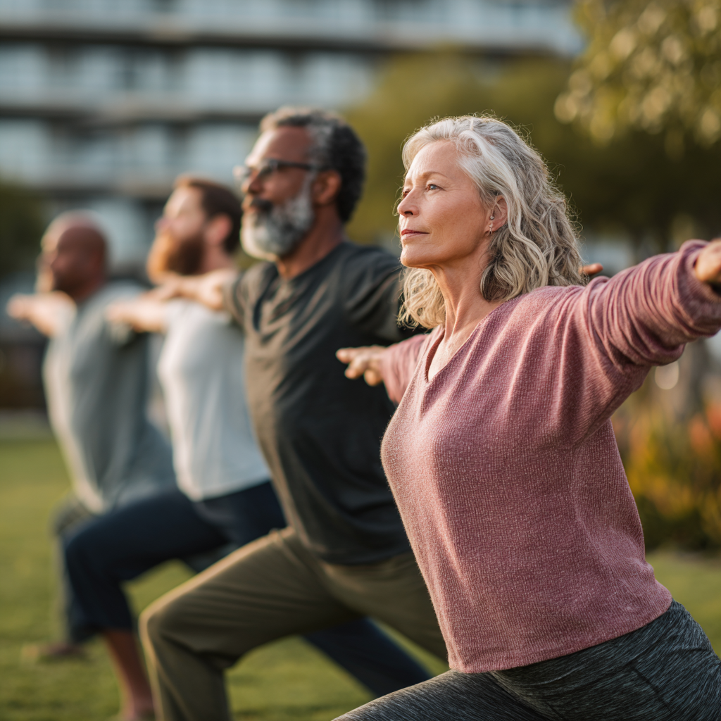 Middle-aged adults engaging in mindful stretching exercises outdoors