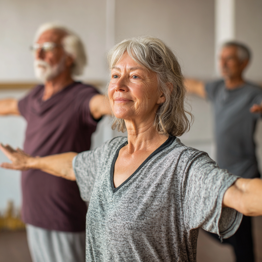 Older adults practicing gentle balance exercises in a calm studio environment